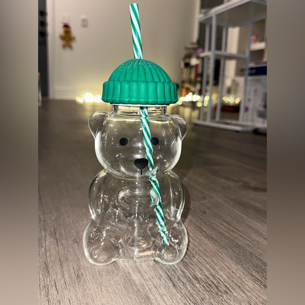 NWT Bearista Bear shaped Cup Tumbler Clear Glass With Green